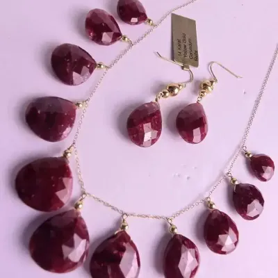 14K Gold Ruby Drop Necklace & Earrings