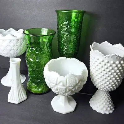 Vintage Green Glass & Milk Glass Vases