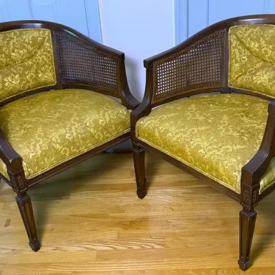 Vintage Wood Chairs with Gold Upholstery & Caned Arms