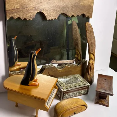 Wood Framed Mirror, Trinket Boxes, Penguin Figurine & More