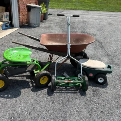 Scotts 14" Push Reel Mower. Wheelbarrow & 2 Rolling Garden Stools