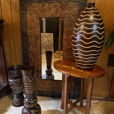 Mirror, Wood Accent Table with Elephant Inlay, Vases Made In Thailand, More