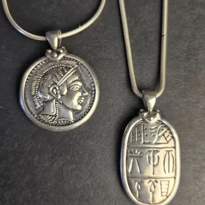 Sterling Silver Egyptian Revival Pendants with Snake Chain Necklaces