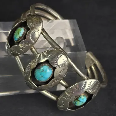 Southwestern Sterling Silver Shadowbox Set Turquoise Cuff Bracelet