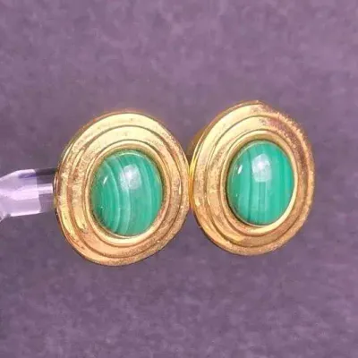 14K Gold Malachite Cabochon Bezel Set Earrings
