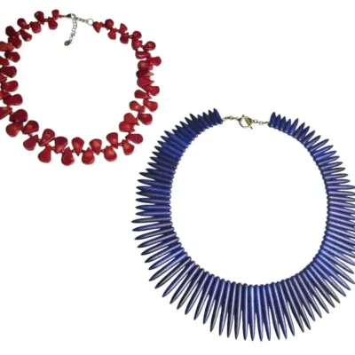 Lucas Lameth Red Coral Style Necklace With Sterling Silver Clasp & Blue Stone Style Fringe Necklace