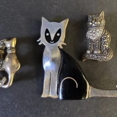 Sterling Silver Taxco Mexico & Marcasite Cat Brooches