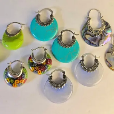 Sterling Silver Millefiori, Abalone & Stone-Look Hoop Earrings