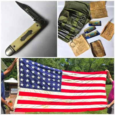 Vintage 48 Star Flag 5x9.5', Colonial Pocket Knife & US Military Field Surgery Kit