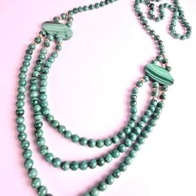14K Gold Bead Accented Malachite Beaded Necklace