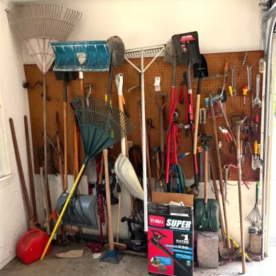 Big Group of Yard Tools: Toro Blower, Shovels, Rakes, Post Hole Digger & Much More