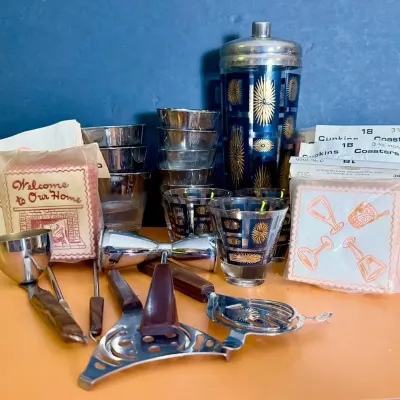 MCM Starburst Cocktail Shaker, Bar Glasses, Bar Tools, Vintage Napkins & Coasters