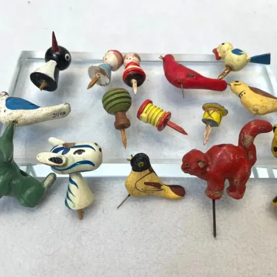 Vintage Wooden Animal Cake Picks, German Erzgebirge Japan Putz Minis, 15pcs