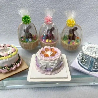 Intricate Dollhouse Miniature Cakes And Easter Baskets, 6pcs
