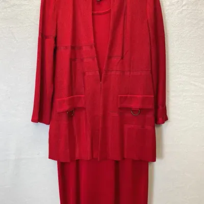 Misook Red Tailored Knit Jacket And Matching Dress Set, Size Small