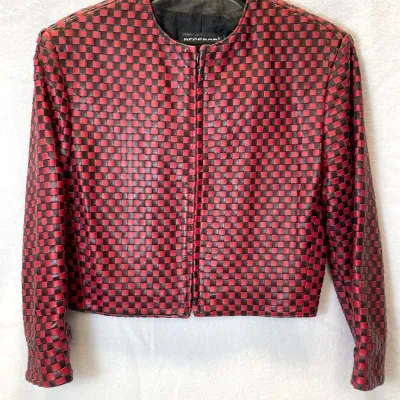 Begedor Red And Black Woven Checkered Leather Jacket, Size 6