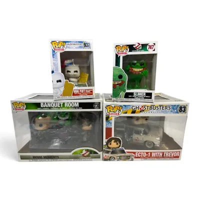 Ghostbusters Funko Pops; Banquet Room (730), Ecto-1 With Trevor (83), Mini Puft (937), Slimer (747)