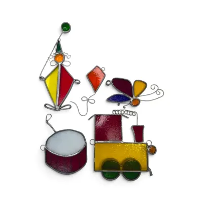 5 Colorful Stained Glass Suncatchers; Drum, Train, Wizard, Kite, & Butterfly