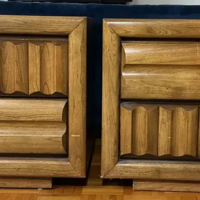 Pair of Lane Mid-Century Modern Sculpted Wood Nightstands