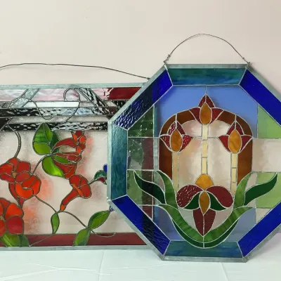 Pair of Stained Glass Hanging Panels – Floral & Hummingbird Designs