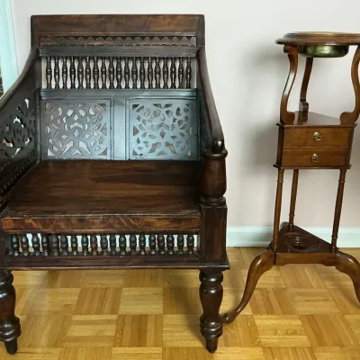 Ornate Carved Wood Armchair & Vintage Plant Stand