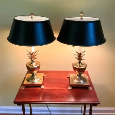 Pair Of Pineapple Table Lamps And Wooden Side Table
