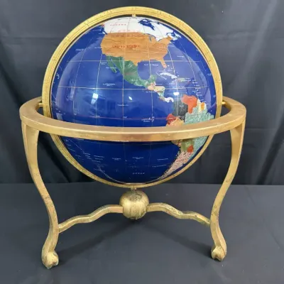 Blue Lapis & Precious Gem Stones World Globe Brass Stand