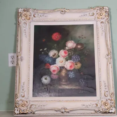 Framed Floral Still Life Artwork | Ornate White & Gold-Tone Frame