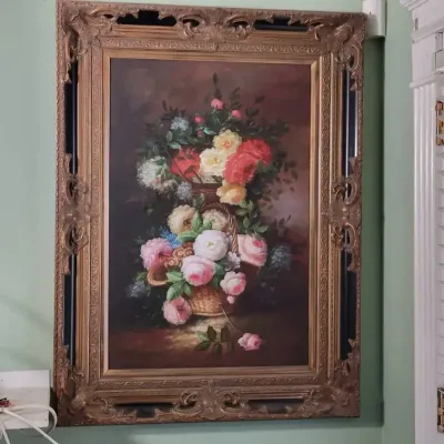 Ornate Framed Floral Still Life Painting | Roses & Basket Bouquet
