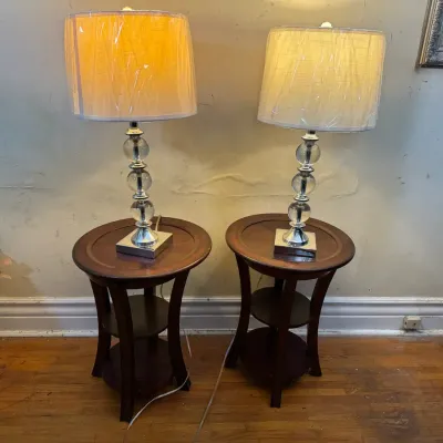 Matching Table Lamps & Round Wood Side Tables