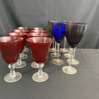 Colored Glass Goblets & Wine Glasses | Ruby Red, Cobalt Blue, Green & Black | 15 Pieces