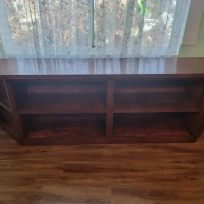 Large Wood Console Cabinet | Open Shelving & Angled Ends