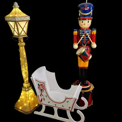 6' Christmas Street Lamp & Toy Soldier Drummer With Decorative Sleigh