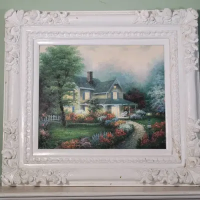 Framed Cottage Garden Artwork | Ornate White Floral Frame