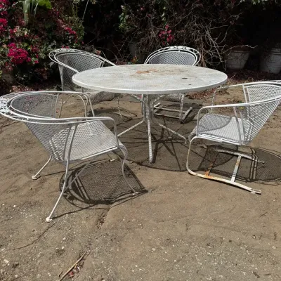 Wrought Iron Patio Dining Set | Round Mesh Table & 4 Armchairs