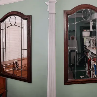 Matching Arched Wall Mirrors | Dark Wood Frames & Leaded Glass