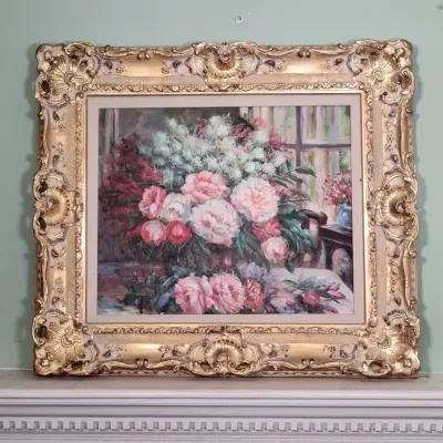 Ornate Framed Floral Still Life | Pink Peonies & Garden Flowers