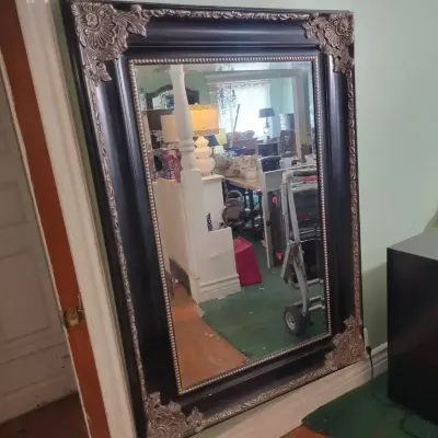 Large Ornate Wall Mirror | Black Frame With Gold-Tone Floral Accents | 45"x64"