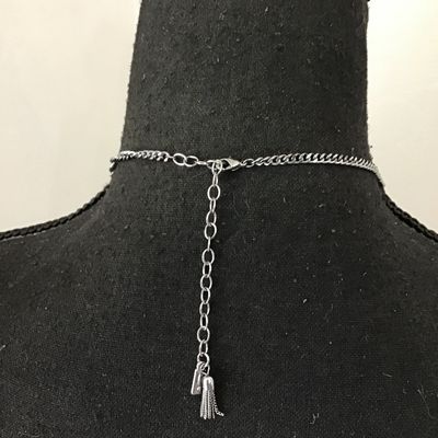 Dark gun, metal gray, silver, multi strand chain, necklace, serpent, or dragon head, motif coiled around tassel statement necklace