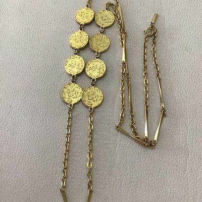 Beautiful vintage, coral craft, gold tone, coin statement, necklace, excellent condition