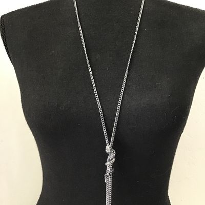 Dark gun, metal gray, silver, multi strand chain, necklace, serpent, or dragon head, motif coiled around tassel statement necklace