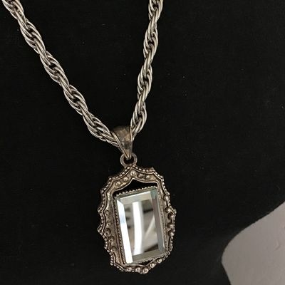 Beveled Blue Tinted Glass Statement Pendant Ornate With Chunky Silver Tone Heavy Chain
