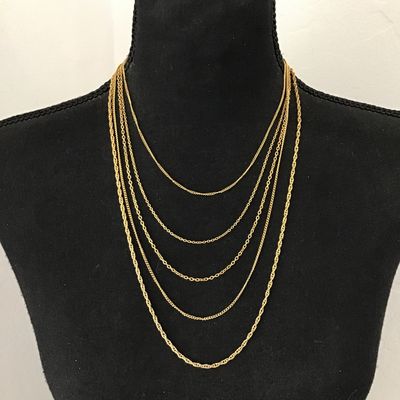 Vintage gold tone, five strand statement, necklace, gold tone chain