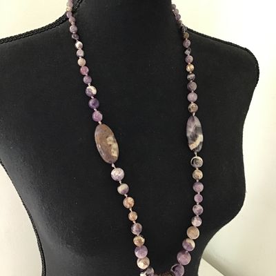 Beautiful, natural, chevron, amethyst, sage, bead, statement, necklace, double knotted