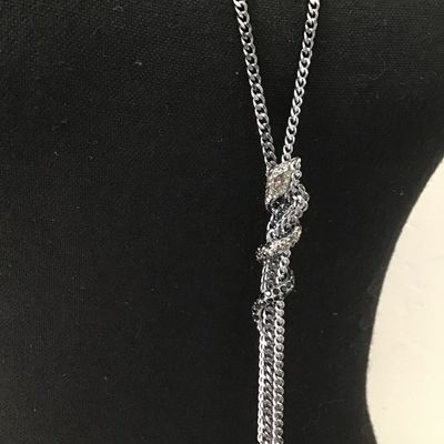 Dark gun, metal gray, silver, multi strand chain, necklace, serpent, or dragon head, motif coiled around tassel statement necklace