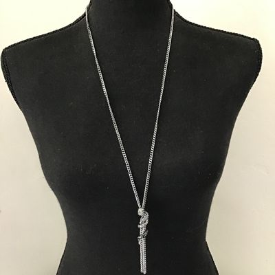 Dark gun, metal gray, silver, multi strand chain, necklace, serpent, or dragon head, motif coiled around tassel statement necklace