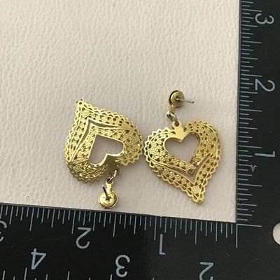 Double heart gold toned filigree, puffy, dangle, earrings
