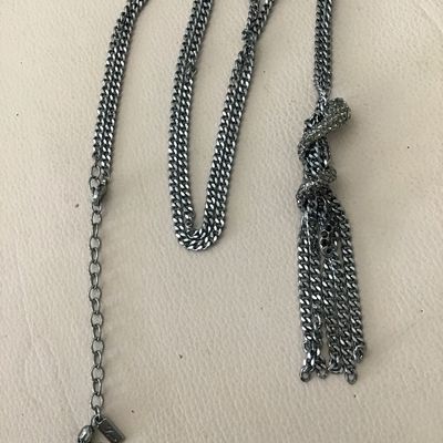 Dark gun, metal gray, silver, multi strand chain, necklace, serpent, or dragon head, motif coiled around tassel statement necklace