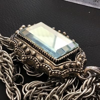 Beveled Blue Tinted Glass Statement Pendant Ornate With Chunky Silver Tone Heavy Chain