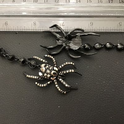 Black Glass With Gun Metal Rhinestone Spider Drop Earrings Large Statement